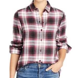 NWOT Beach Lunch Lounge Whitney Plaid Button Down Flannel Shirt Pink Black Grey